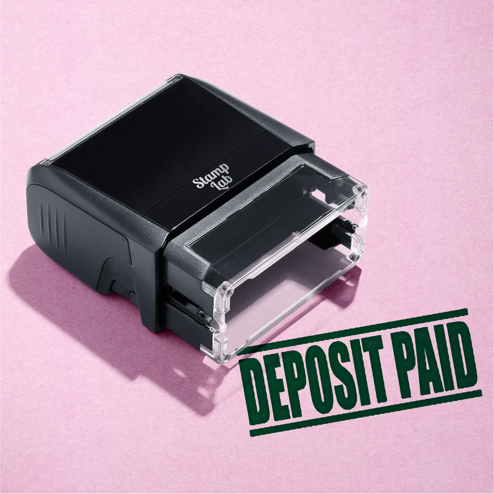 mock up design or lifestyle image of 'Deposit Paid' rubber stamp green ink in paper background stampers hand stamp office business inventory documents self inking prefill refillable stamps stamping 
