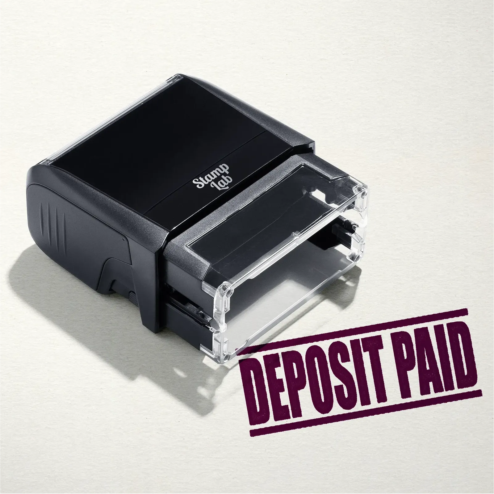 mock up design or lifestyle image of 'Deposit Paid' rubber stamp maroon ink in paper background stampers hand stamp office business inventory documents self inking prefill refillable stamps stamping 
