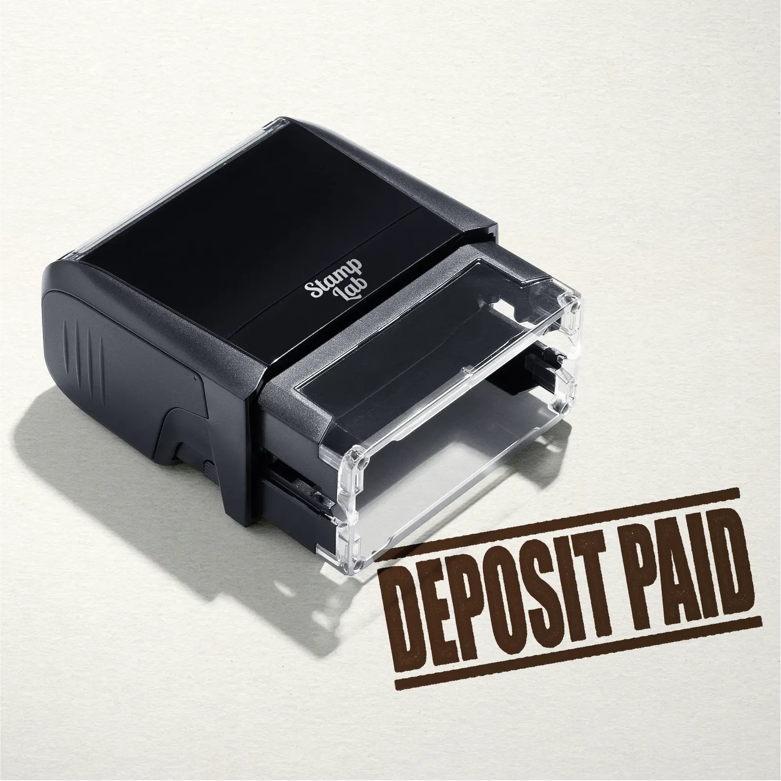 mock up design or lifestyle image of 'Deposit Paid' rubber stamp brown ink in paper background stampers hand stamp office business inventory documents self inking prefill refillable stamps stamping 
