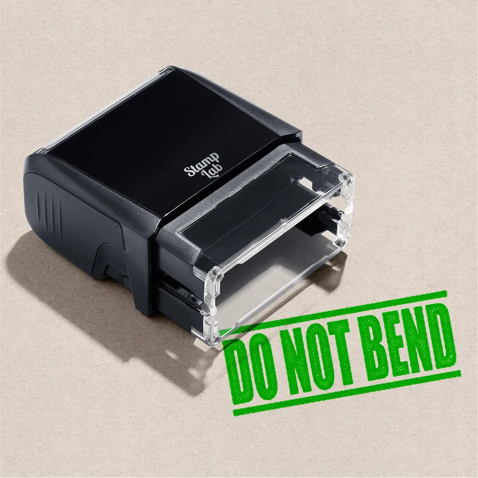 mock up design or lifestyle image of DO NOT BEND rubber stamp apple green ink in paper background stampers hand stamp office business inventory documents
