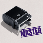 Mock up design or lifestyle image of 'MASTER' rubber stamp purple ink in paper background stampers hand stamp office business inventory documents purple
