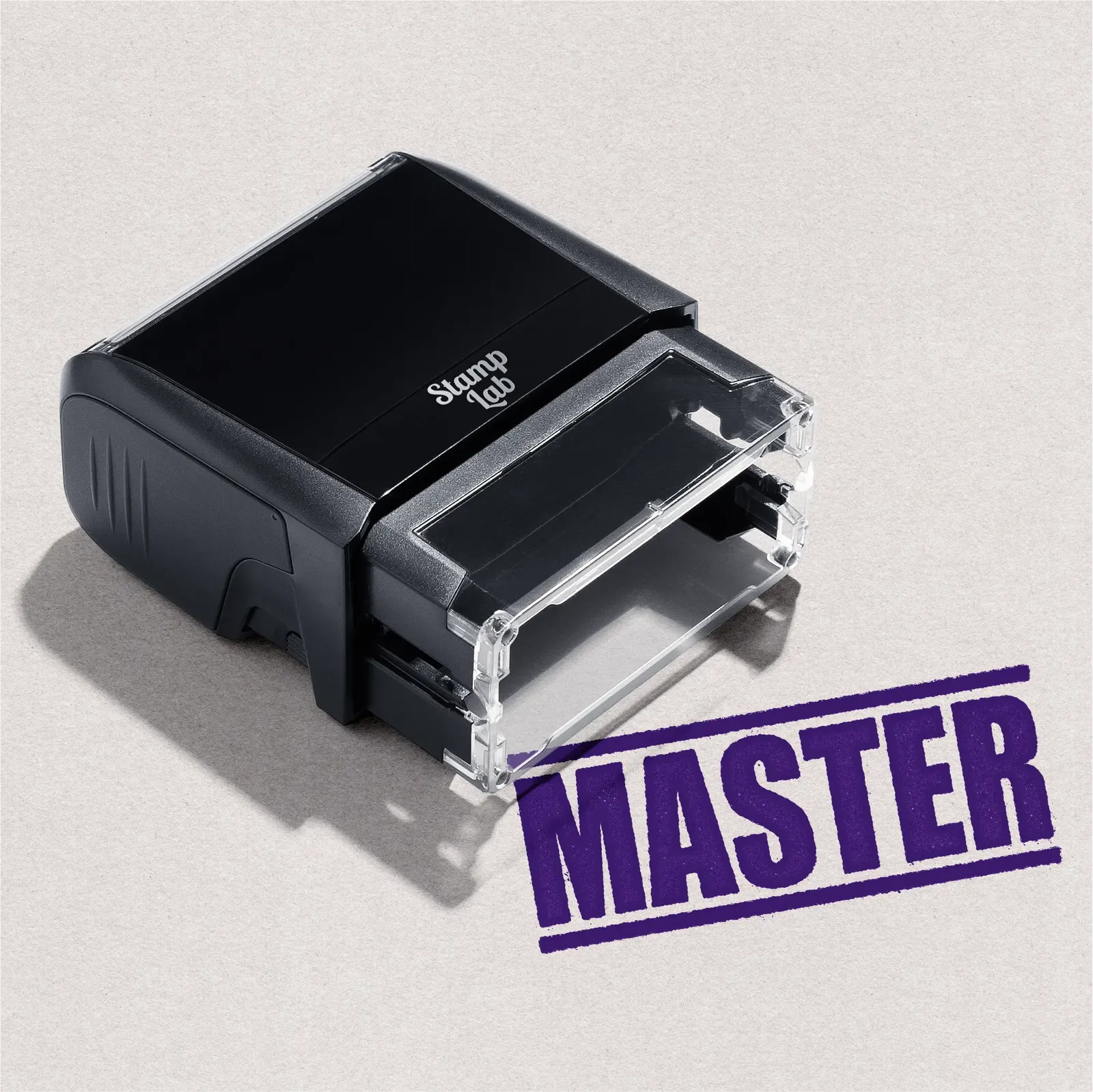 Mock up design or lifestyle image of 'MASTER' rubber stamp purple ink in paper background stampers hand stamp office business inventory documents purple
