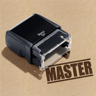 Mock up design or lifestyle image of 'MASTER' rubber stamp brown ink in paper background stampers hand stamp office business inventory documents
