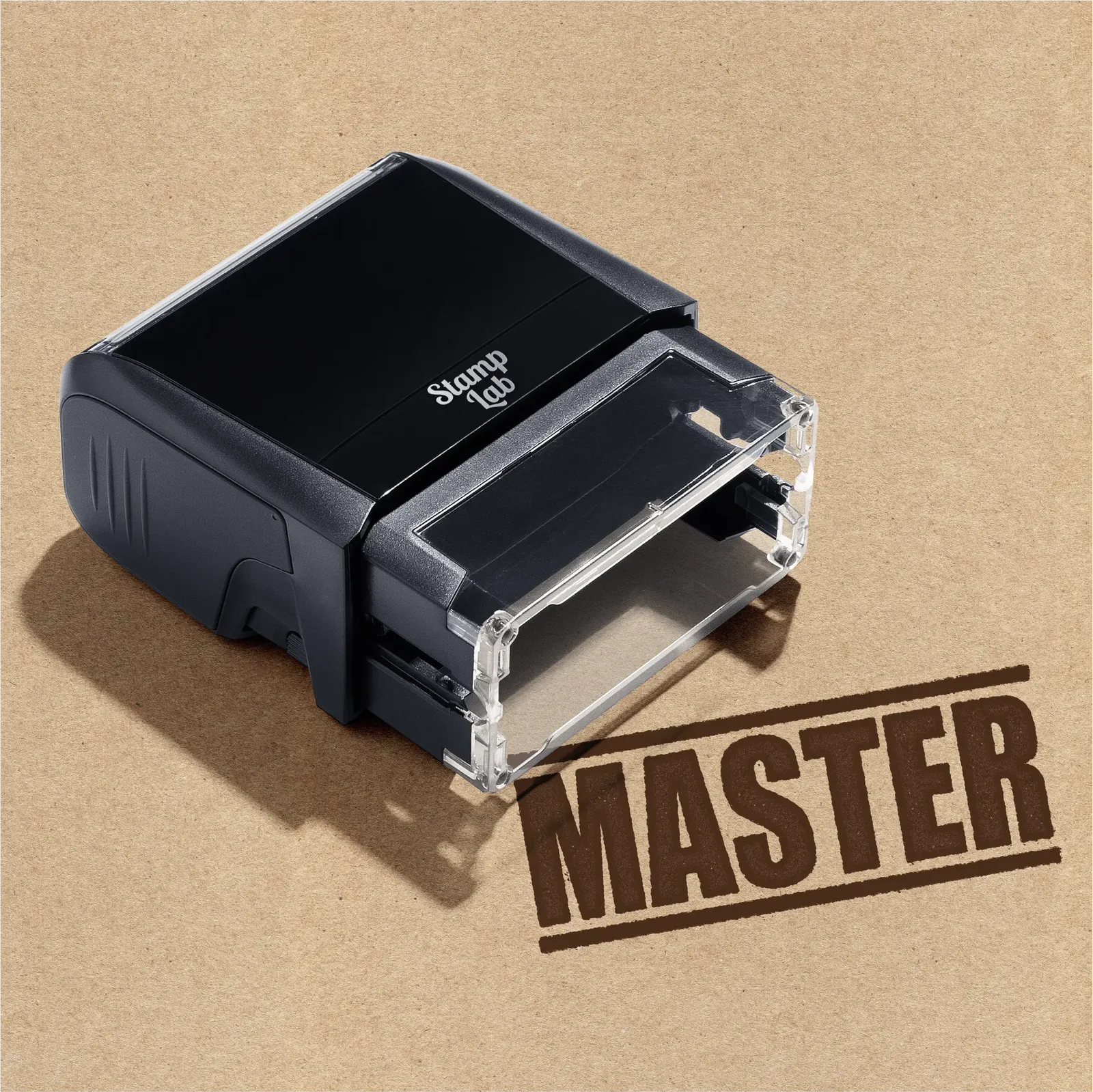 Mock up design or lifestyle image of 'MASTER' rubber stamp brown ink in paper background stampers hand stamp office business inventory documents
