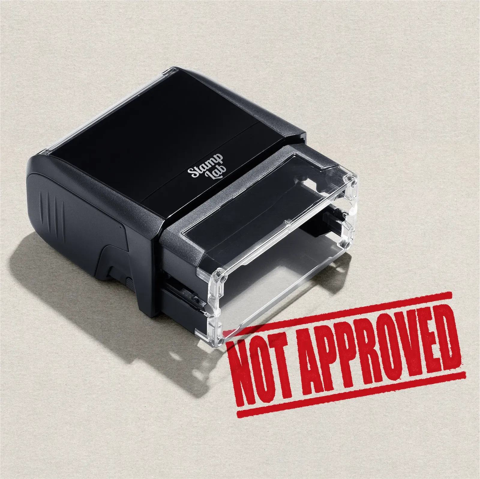 mock up design or lifestyle image of 'Not Approved' rubber stamp red ink in paper background stampers hand stamp office business inventory documents self inking prefill refillable stamps stamping 
