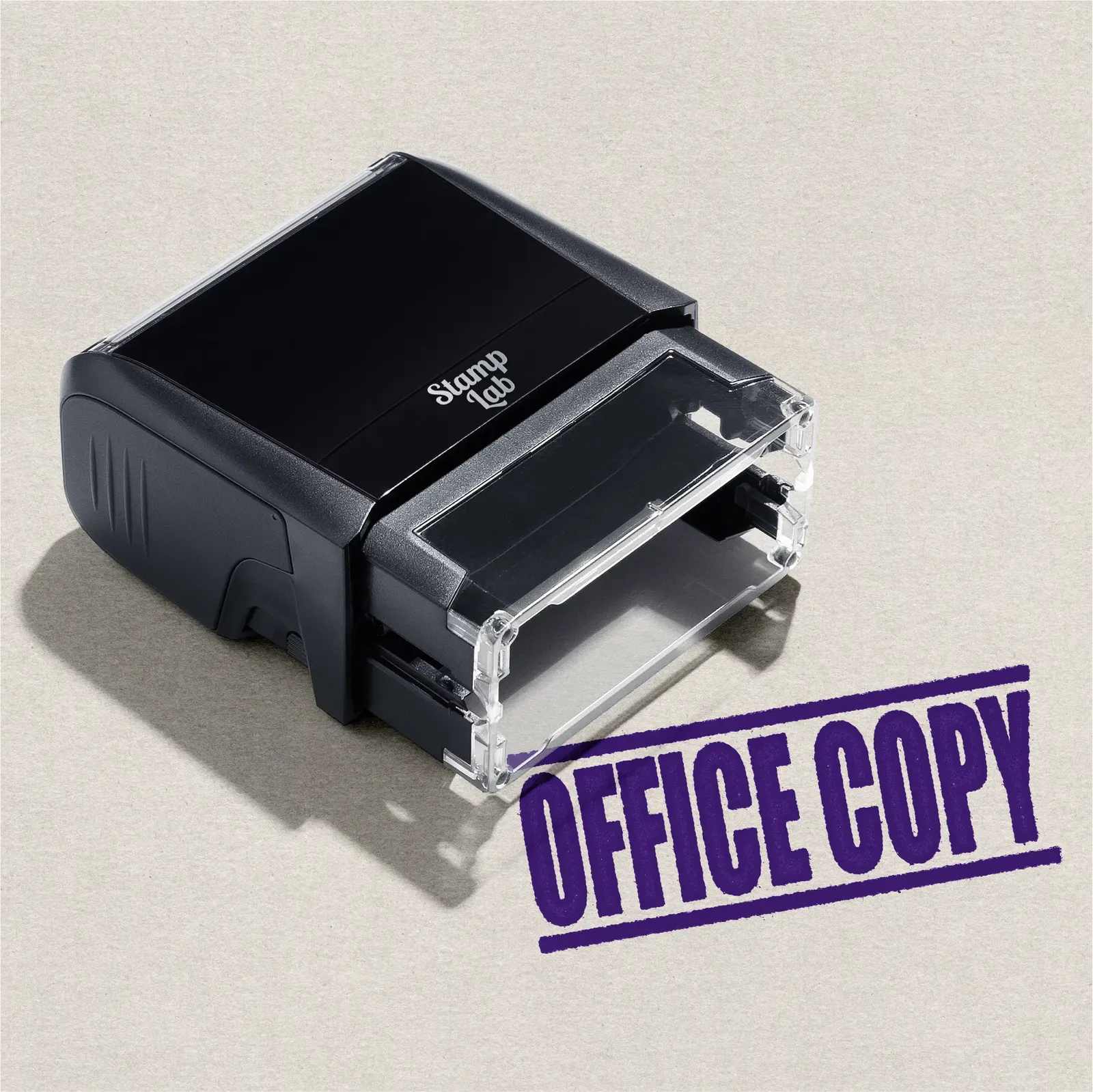 mock up design or lifestyle image of 'Office Copy' rubber stamp violet ink in paper background stampers hand stamp office business inventory documents self inking prefill refillable stamps stamping purple
