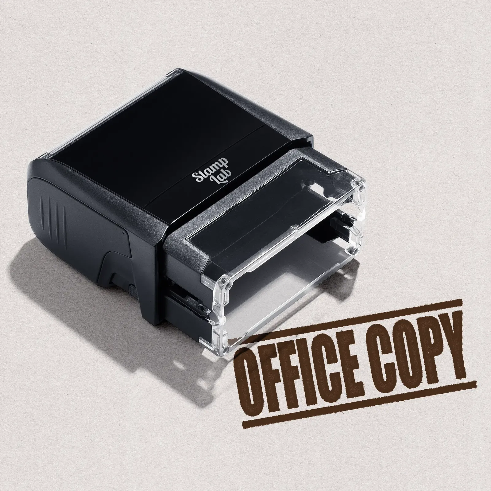 mock up design or lifestyle image of 'Office Copy' rubber stamp brown ink in paper background stampers hand stamp office business inventory documents self inking prefill refillable stamps stamping 
