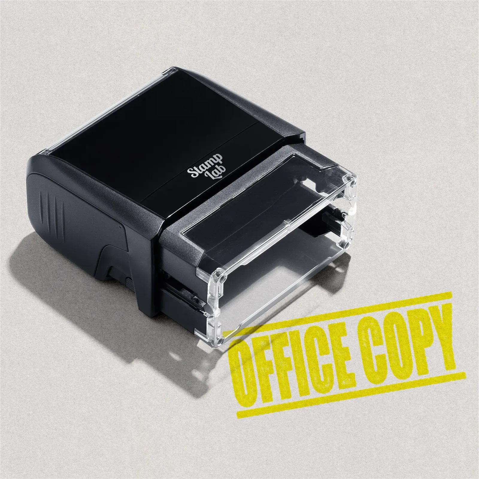 mock up design or lifestyle image of 'Office Copy' rubber stamp yellow ink in paper background stampers hand stamp office business inventory documents self inking prefill refillable stamps stamping 
