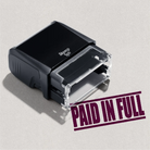 mock up design or lifestyle image of 'Paid In Full' rubber stamp maroon ink in paper background stampers hand stamp office business inventory documents
