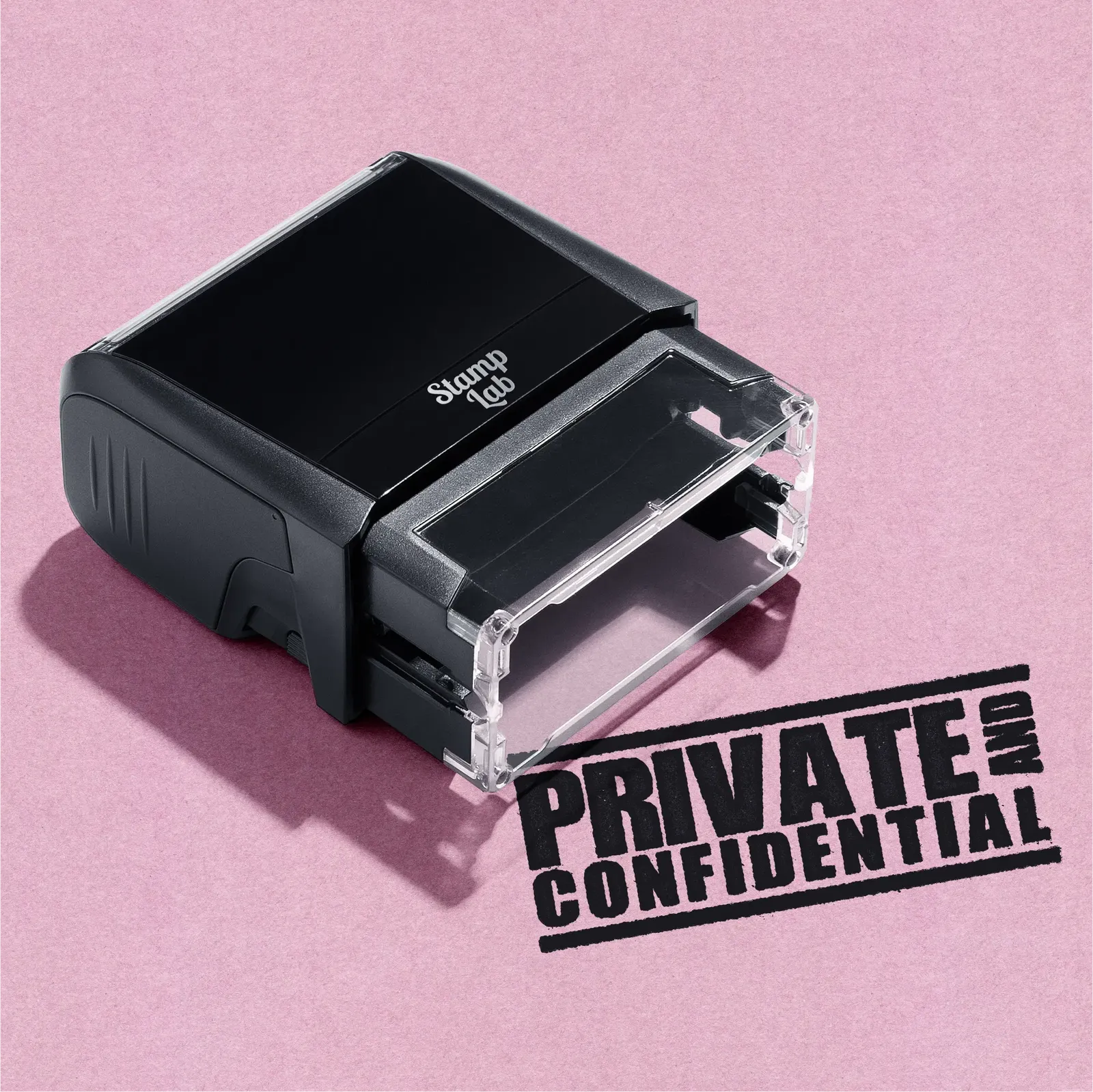 mock up design or lifestyle image of 'Private and Confidential' rubber stamp black ink in paper background stampers hand stamp office business inventory documents 
