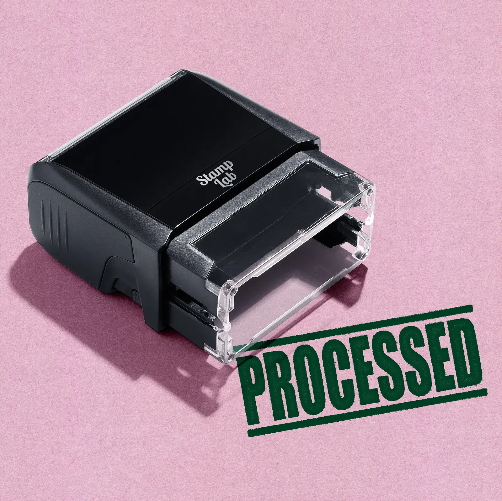 mock up design or lifestyle image of 'Processed' rubber stamp green ink in paper background stampers hand stamp office business inventory documents self inking prefill refillable stamps stamping 
