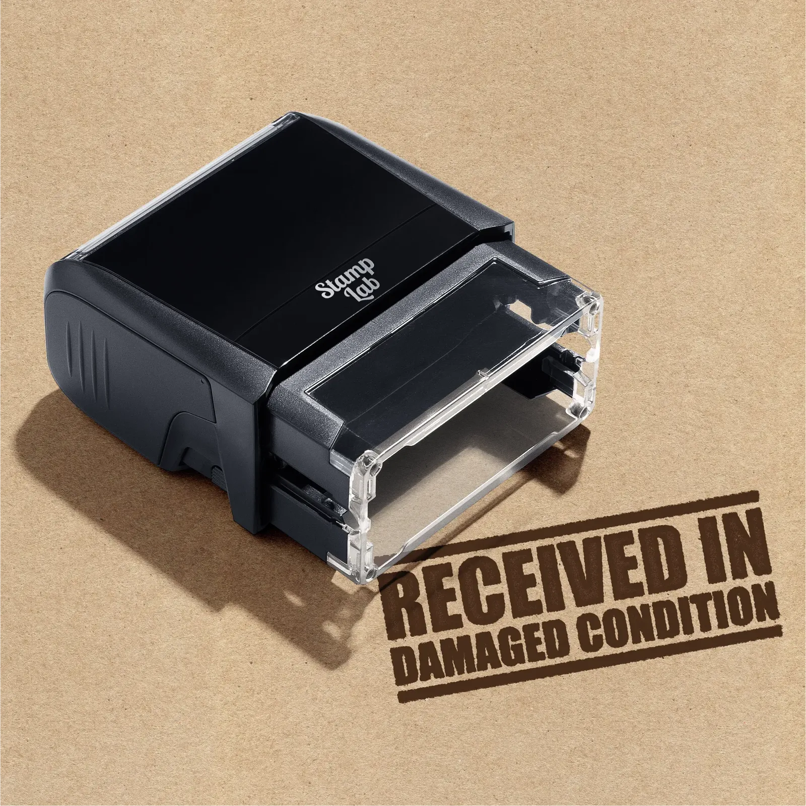 Readymade RECEIVED IN DAMAGED CONDITION hand stamp Brown ink 