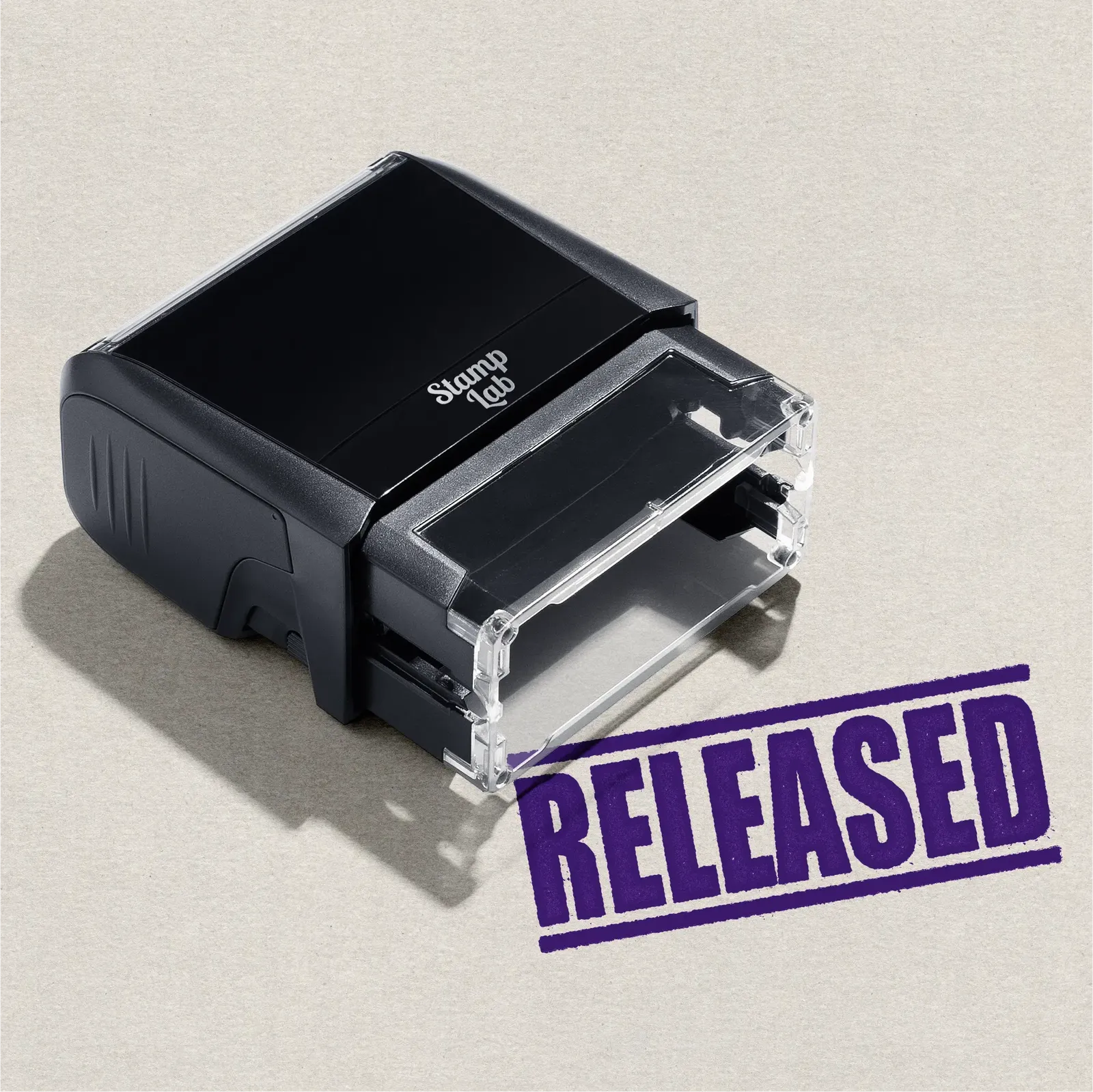 self-inking logistics stamp readymade RELEASED design in violet ink