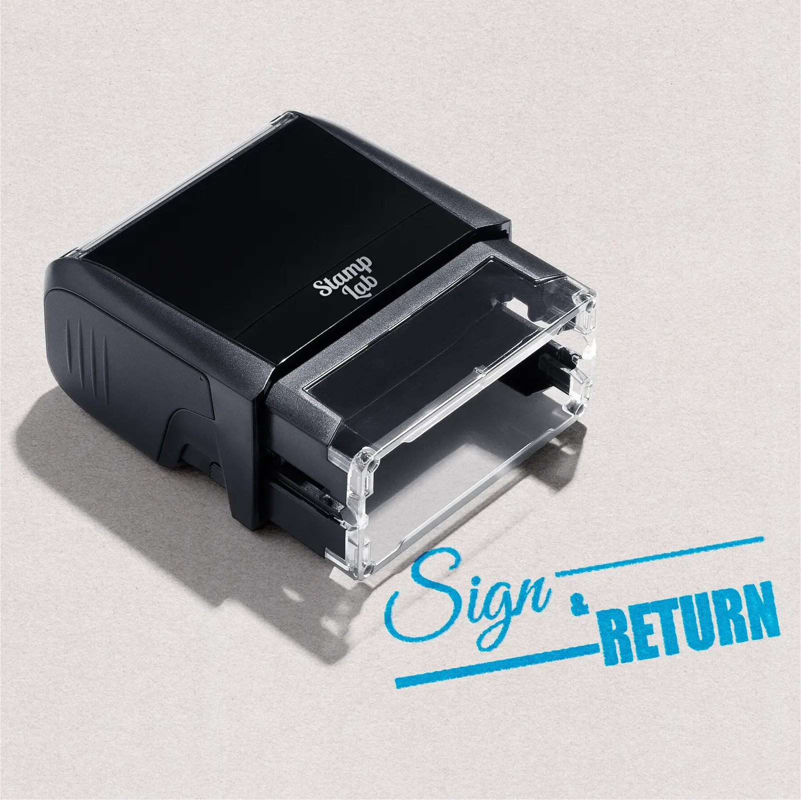 self-inking stamp, Sign and Return design sky blue ink 