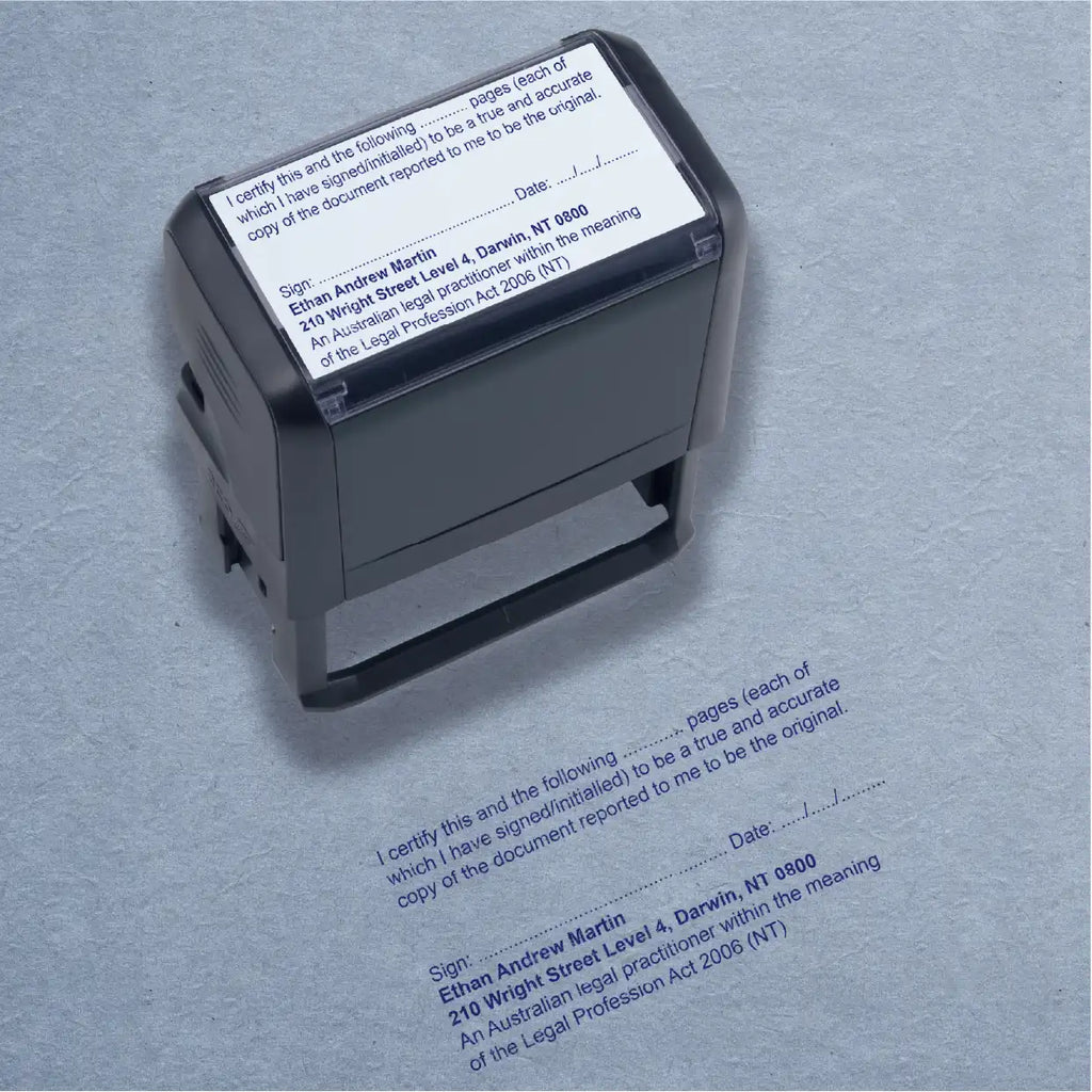 personalised legal stamps Darwin, Blue ink true copy multi page
