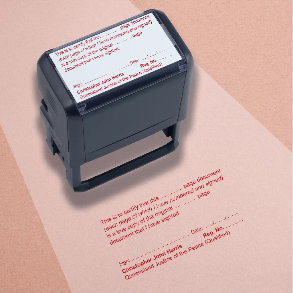Red JP Qual stamp for multi-page document certifying 