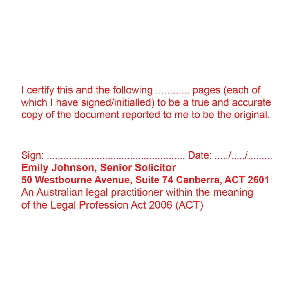 red impression ACT solicitor stamp for Certifying multi-page documents