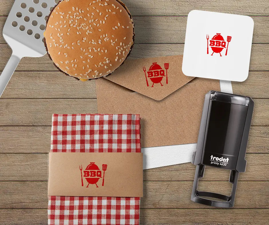 Branding mockup of Trodat printy 4630 custom stamps for BBQ joint