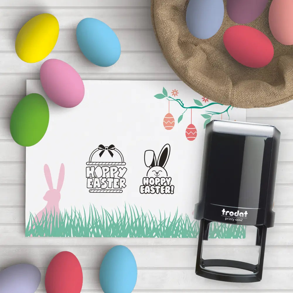 Trodat Printy 4642 self inking stamps mockup happy Easter card and stamp