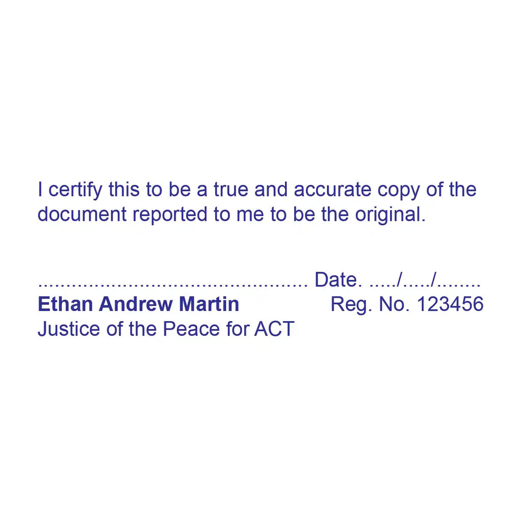 ACT Justice Of The Peace True Copy Stamp Blue Impression mockup