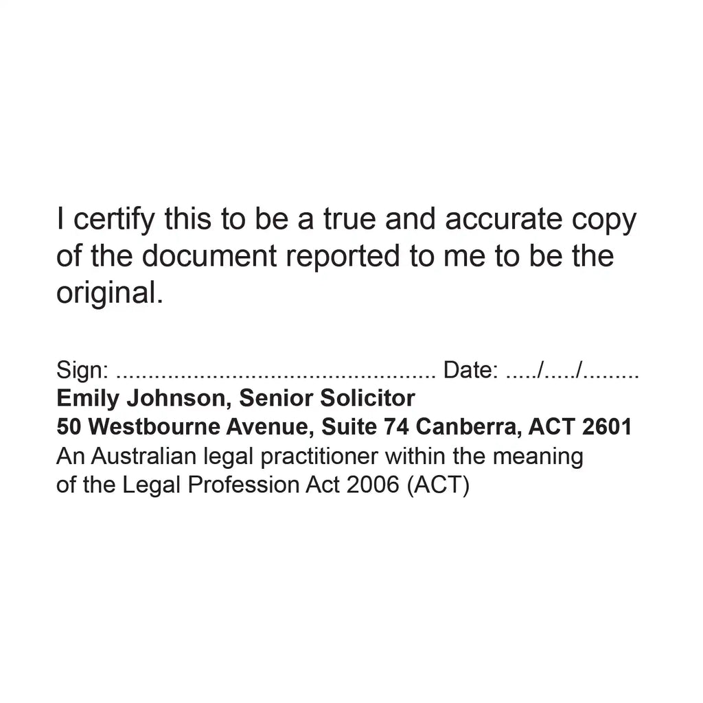 Black True Copy Solicitor stamps ACT