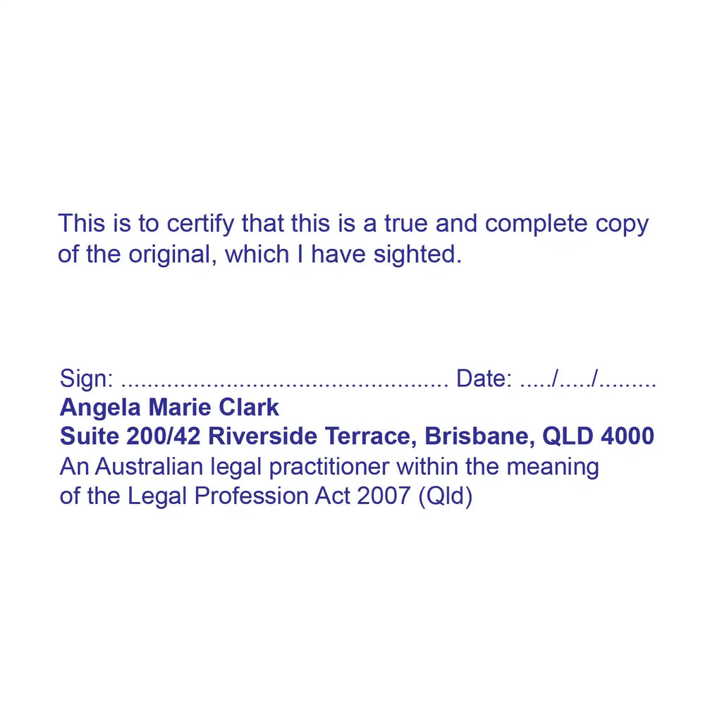 True copy Legal practitioner law stamp blue ink qld