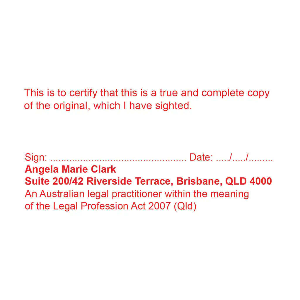 Queensland True Copy Legal practitioner rubber stamps red ink