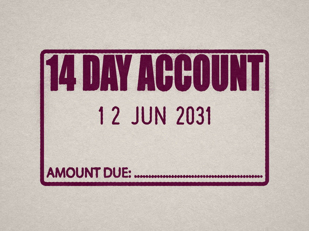 Maroon ink 14 Day Account Date stamp
