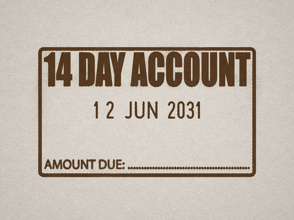 Mockup of 14 Day Account self-inking date stamp in Brown Ink
