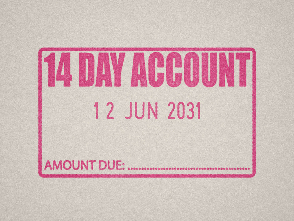 Pink ink stamp, 14 Day account Dater 